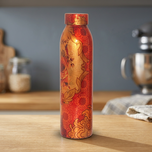 Thermos en métal au design oriental, bouteille de voyage portable, motif rouge et or - Product Image 3