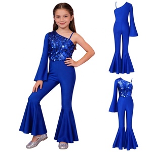 8-14 Kids Girls Dance <b>Clothes</b> Jumpsuit Flared Sleeve Bell-Bottom Asymmetrical Bodysuit For Pageant Birthday Party Weddings - Product Image 5