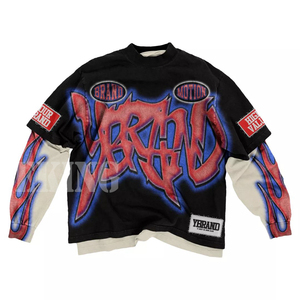 T-shirt a manica lunga a doppio strato con stampa grafica Oversize in <span class=keywords><strong>cotone</strong></span> Premium con maniche a fiamma Hip Hop - Product Image 3