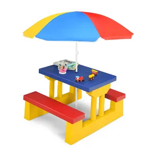 Rechthoekige Plastic Kids Picknick Tafel En Bank Set Voor Kinderen Indoor En Outdoor Met Paraplu Pp