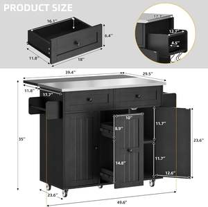 폴딩 드롭 리프 조식 바가 있는 이동식 주방 아일랜드 카트 대형 목재 수납 캐비닛 선반 바퀴 - Product Image 2