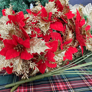 9 زهور بوينسيا اصطناعية يدوية الصنع طويلة الأمد مع لمعان للزينة في أعياد الميلاد وحفلات الزفاف، باقة بالجملة - Product Image 2