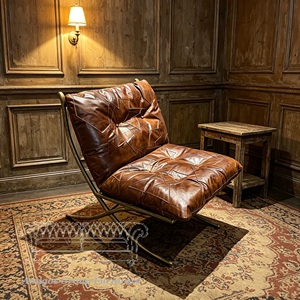 Sillón <span class=keywords><strong>Barcelona</strong></span> Retro Vintage de Cuero Genuino Marrón con Patas de Metal, Sillón de Salón Antiguo para Sala de Estar o Club - Product Image 1