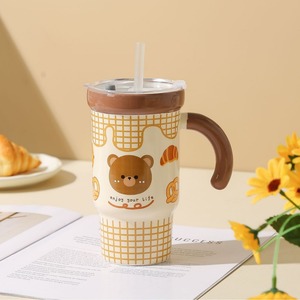 <b>Cute</b> Cartoon Ceramic Tumbler With Straw And Lid 550ml For Cold /Hot Drinks - Product Image 5