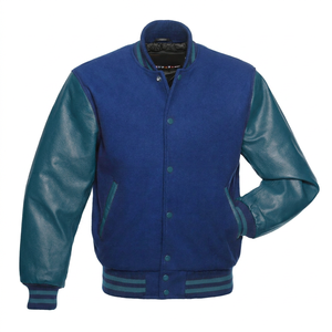 KVJ115 Royal Blue Men's Varsity Wool <b>Jacket</b> Mild Cow Hide <b>Leather</b> Sleeves Embroidery Orange Accents Chenille Collarless <b>Winter</b> - Product Image 5