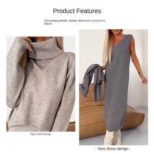 Đầm liền thân dệt kim mùa thu đông hai mảnh, màu trơn, dài chấm đất, kiểu cổ lọ, dây spaghetti, dành cho nữ - Product Image 2