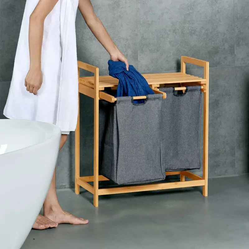 New Bamboo Laundry Hamper with Dual Compartments Two-Section Laundry Basket with Removable Sliding Bags