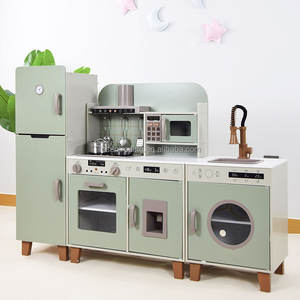 Pretend 3-in-1 Kitchen + Fridge + Laundry Play <b>Set</b> Modern Sage Green Wooden Kids Play <b>Set</b> with Oven, <b>Microwave</b>, Sink and Faucet - Product Image 1