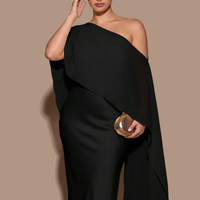 Gaun Malam Maxi Model Duyung Satu Bahu dengan Lengan Cape, Warna Hitam Solid dari Bahan Satin, Gaun Panjang Formal untuk Pesta dan Tamu Pernikahan