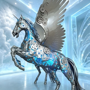 Scultura di Cavallo Alato in Acciaio Inossidabile Lucidato a Specchio, Grande e a Grandezza Naturale, per Giardino Esterno, Stile Fantascientifico, Moderna e Personalizzabile - Product Image 2