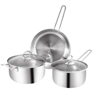 Set panci memasak pabrik 3 buah, peralatan masak induksi baja tahan karat 410, set peralatan masak magnetik anti lengket panci sup dan wajan