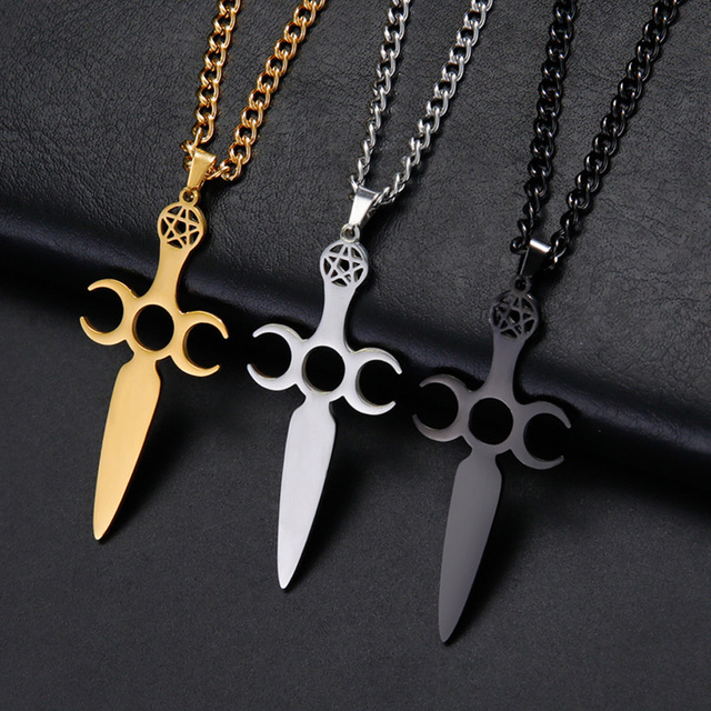 Gothic Pentagram Athame Pendant Wiccan Ceremonial Dagger Triple Moon Necklace Halloween Gift Stainless Steel Jewelry Wholesale