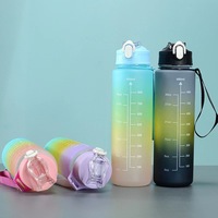 Bouteille d'eau de sport sans BPA pour salle de sport Ensemble de bouteilles de motivation en plastique de couleur dégradée avec poignée et paille pour la salle de sport
