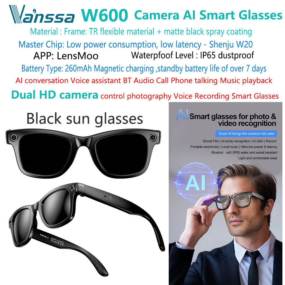 W600 Negro gafas de sol Negro cámara grabadora inteligente AI gafas