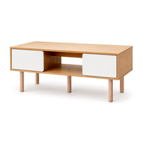 Table basse contemporaine avec rangement, table de salon finition bois avec étagère centrale ouverte