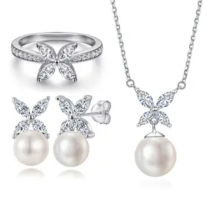 Fantaisie à la mode pur 925 Sterling Zircon papillon coquille perle boucles d'oreilles anneau collier mariée mariage ensembles de bijoux pour femmes filles