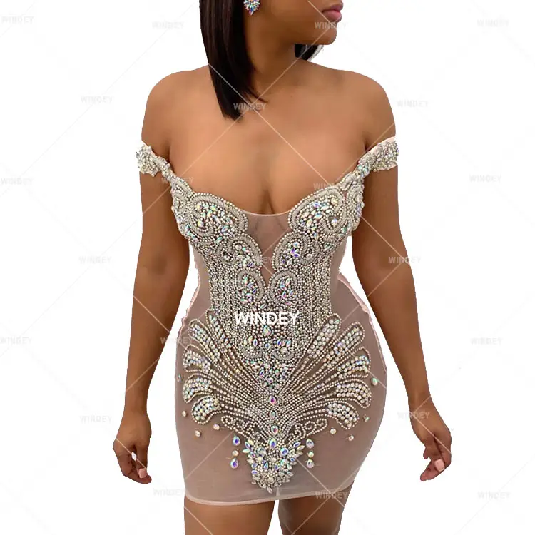 New Arrivals Sew Rhinestone Applique Evening Dress Crystal Beading African Girls Fashion Short Other Night Dresses For Woman