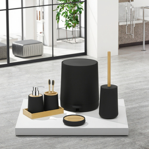 Ensemble <span class=keywords><strong>de</strong></span> salle <span class=keywords><strong>de</strong></span> bain luxueux <span class=keywords><strong>de</strong></span> six pièces <span class=keywords><strong>de</strong></span> style nordique, écologique, distributeur <span class=keywords><strong>de</strong></span> <span class=keywords><strong>savon</strong></span>, poubelle <span class=keywords><strong>de</strong></span> toilette, <span class=keywords><strong>kit</strong></span> <span class=keywords><strong>de</strong></span> conception en bois pour hôtels, marque MOOZI - Product Image 1