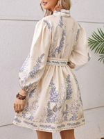 Robe courte bohème à col en V pour femme, manches longues, imprimé floral, coupe trapèze, taille lacée, printemps-été, décontractée