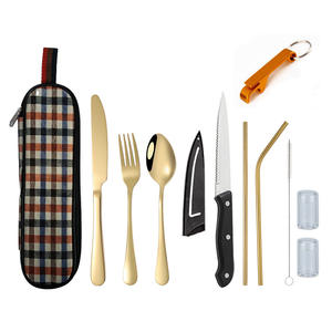 Ensemble de couverts en acier inoxydable avec couteau, fourchette, cuillère, étui à carreaux, portable, pour dîner en plein air, voyage, camping, ustensiles écologiques - Product Image 3