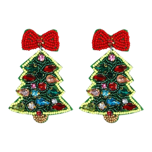 Custom Handcrafted Christmas Tree Seed Bead Embroidery Drop <b>Earrings</b> Festive <b>Diamond</b> <b>Pearl</b> Beadwork for Weddings <b>and</b> Parties - Product Image 1