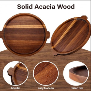 Round Acacia Wood Serving <b>Tray</b> Dark Brown 12 Inch Cheese Charcuterie Board For Party <b>Snacks</b> - Product Image 3