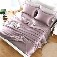 Parure de lit quatre pièces en soie, bordures larges, 30 Momme, 100% Soie de Mûrier, toutes saisons, couleur unie, style moderne et minimaliste pour la maison