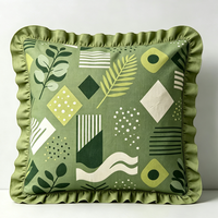 Housse de coussin en coton 100% à imprimé botanique vert premium avec volants unis, taie d'oreiller décorative tissée douce pour le salon