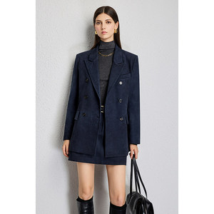 Setelan <span class=keywords><strong>Blazer</strong></span>/Rok Midi Wanita Gaya Old Money Inggris, Kulit Domba Suede Impor Khusus, Kancing Ganda, Anti Kusut, Model Longgar - Product Image 3