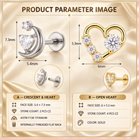 Boucles d'oreilles clous en titane ASTM F136 plaqué or avec zircon, motif cœur et lune, anneaux de nez spirale, manchettes d'oreille, cadeaux pour mariage et fête