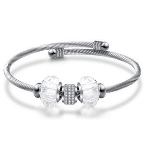 Diamond <b>Bracelet</b> For Women 14Mm Stainless Steel Cable With Blue Crystal <b>Beads</b> And Diamond Encrusted Center <b>Charm</b> Everyday Wear - Product Image 5