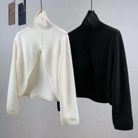 Pull en tricot à col haut et manches longues de style rétro pour femmes, coupe asymétrique, haut en tricot court révélant le nombril