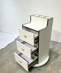 Meuble de rangement moderne à 3 tiroirs avec base rotative, blanc/noir, organisateur de coiffeuse avec étagères ouvertes pour salon de beauté et salle de maquillage - Product Image 5