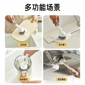 Brosse de nettoyage de cuisine rotative avec long manche pour casseroles et poêles, poils en nylon, design suspendu, vert et gris - Product Image 4