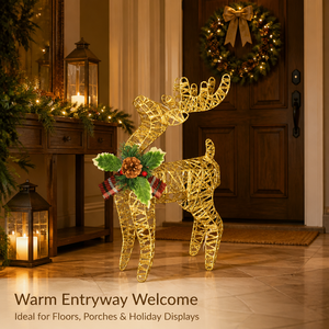 Decorazioni Natalizie Ecologiche Fatte a Mano a Prezzo di Fabbrica, Albero di Natale con Renne e Pupazzo di Neve a LED Dorati per Interni, Alimentati a Batteria - Product Image 2