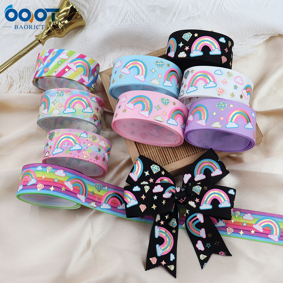 Rainbow Ribbed Ribbon Gift Box Gift Packaging with Handmade Bow Decoration Ribbon Ribbon