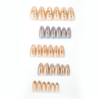 Lot de 30 faux ongles en acrylique, forme amande, style français rétro, avec motifs 3D étoiles et lunes, kit complet pour pose à pression, vente en gros, pour nail art
