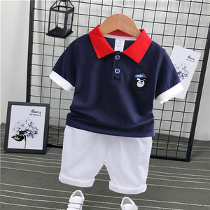 Vêtements d'été coréens pour bébés garçons, ensembles décontractés en coton à manches courtes et col polo, vente en gros - Product Image 3