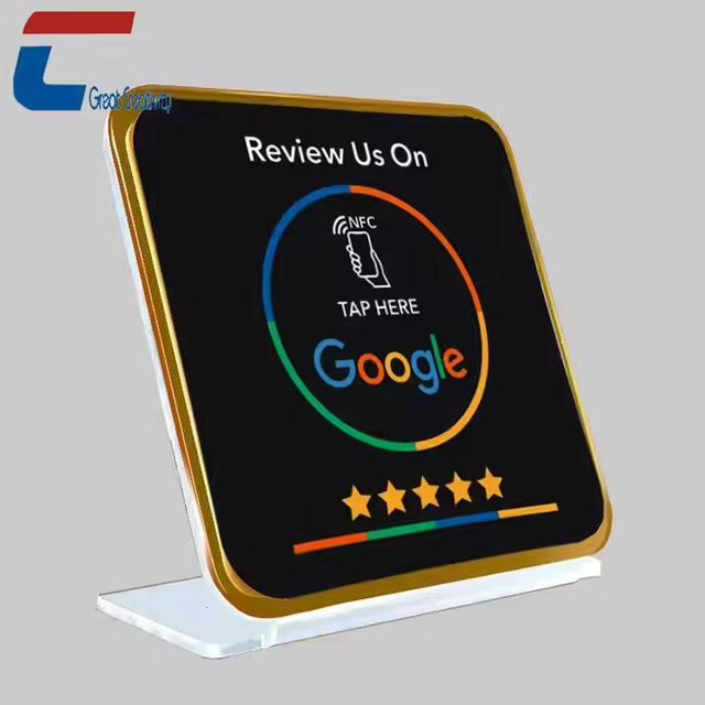 Customized Smar Acrylic Qr Code Hotel Restaurant Insert Nfc Google Card Stand With Golden Color Base