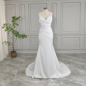 100% Real Photos High Quality Beach Spaghetti Straps Pleat Acetate Satin Wedding Dress Elegant Women Bridal Gown For Wedding