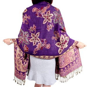 Bufanda larga de estilo étnico para mujer, chal de <span class=keywords><strong>flores</strong></span> de anacardo dorado púrpura retro con borlas con patrones de hojas y puntos - Product Image 3