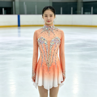 Robe de patinage artistique pour filles et enfants, dégradé pêche-orange, col montant, dos croisé, strass, pour spectacle