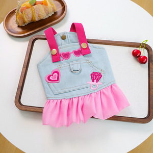 Pet <b>clothes</b> for small dogs, puppies, happy dogs and <b>cats</b>, warm and comfortable pink fashionable denim skirt, thin and breathable - Product Image 3