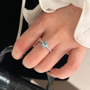Bague en argent pur S925, bleu mer clair, diamant ovale en forme d'œuf de pigeon, bague en diamant coloré, brillant - Product Image 4