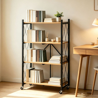 Chariot de cuisine roulant à 4 niveaux, étagère de rangement pliable avec étagères en bois, roulettes, support pour micro-ondes en métal noir, organisateur