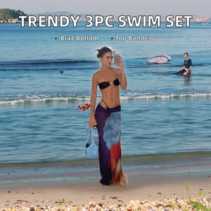 New Stock Trendy Women's 3-Piece <b>Swimwear</b> Set Bandeau Top Brazilian Bikini <b>Skirt</b> with Solid Pattern Logo on Waist S-L Sizes - Product Image 2