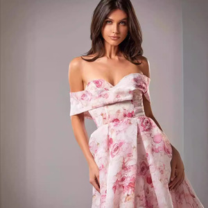 Vestido de Noche de Organza con Estampado Floral y Hombros Descubiertos, Cintura Imperio, Capa Transparente Larga, Moda Femenina - Product Image 4