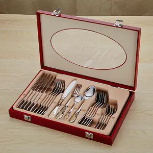 24pcs gold plated stainless steel flatware set Retro vintage inox cutlery set with wooden box,Best tableware for big family
