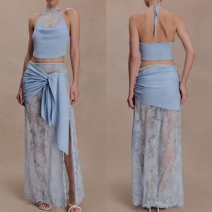 ชุดเซ็ต 2 ชิ้น เสื้อครอปผูกคอผ้าลูกไม้สีฟ้าอ่อนและกระโปรงยาวทรงเอวสูงผูกโบว์ สำหรับผู้หญิง ชุดออกงานกลางคืนฤดูร้อน - Product Image 2
