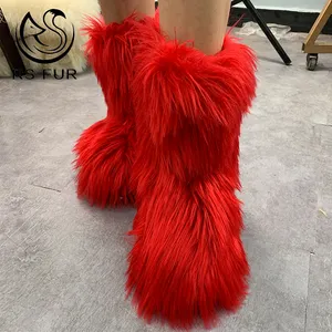 Fashion Anti Slip Child Girls Women Luxury Red Fur Winter Boots Covered with Faux Fox Raccoon Fur